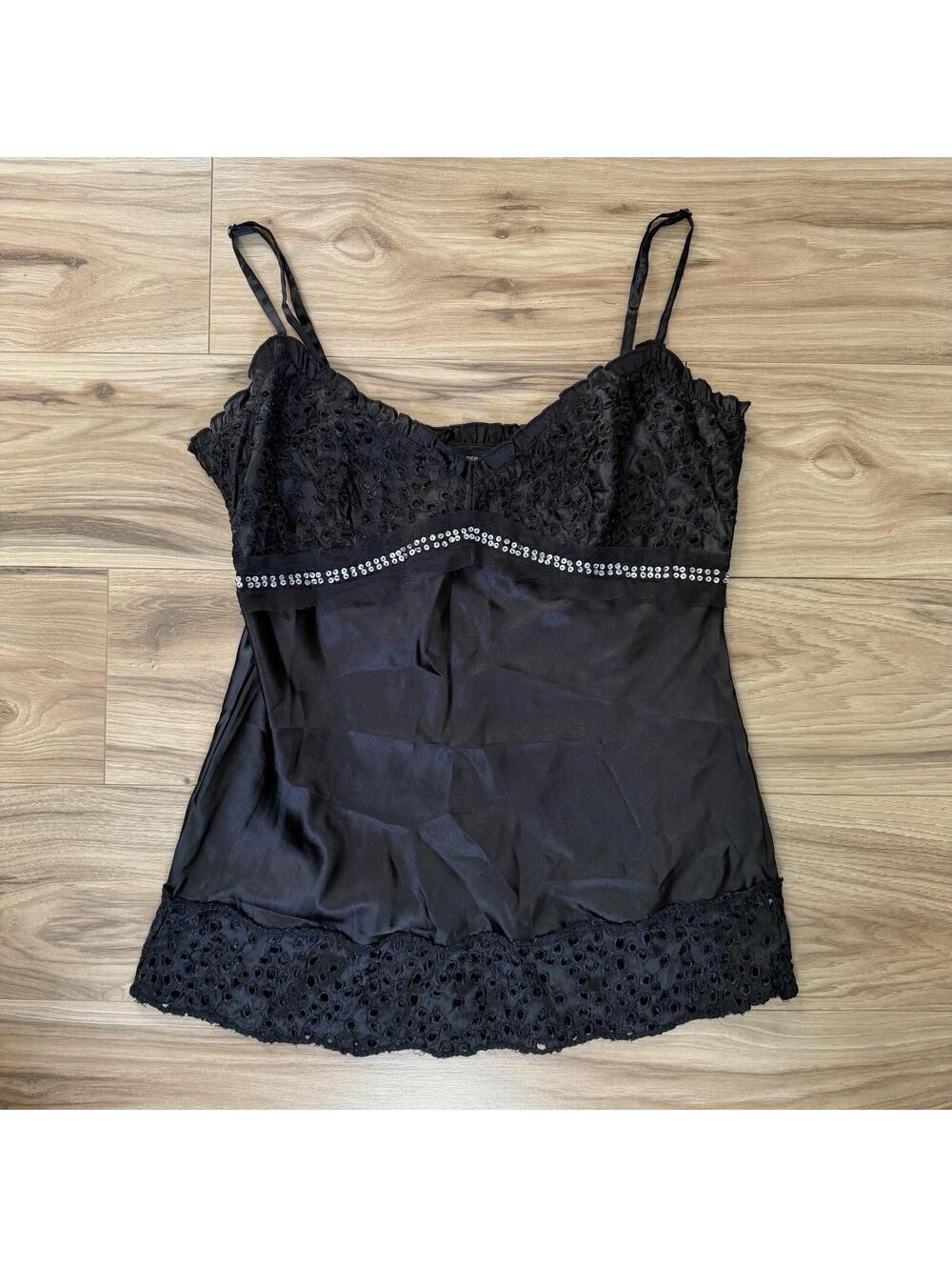 Dorothy Perkins Black Eyelet Sequin Cami Tank Y2K Whimsigoth Size 10 UK Euro 38